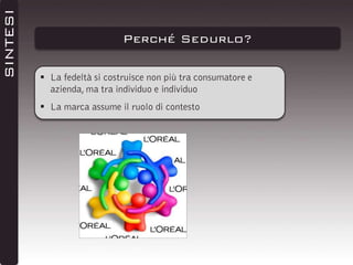 SINTESI

Perché Sedurlo?
 La fedeltà si costruisce non più tra consumatore e
azienda, ma tra individuo e individuo
 La marca assume il ruolo di contesto

 