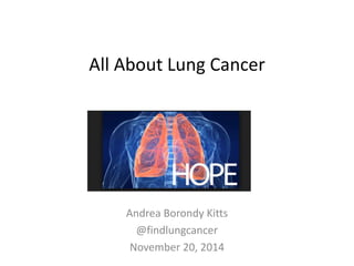 All About Lung Cancer 
Andrea Borondy Kitts 
@findlungcancer 
November 20, 2014 
 