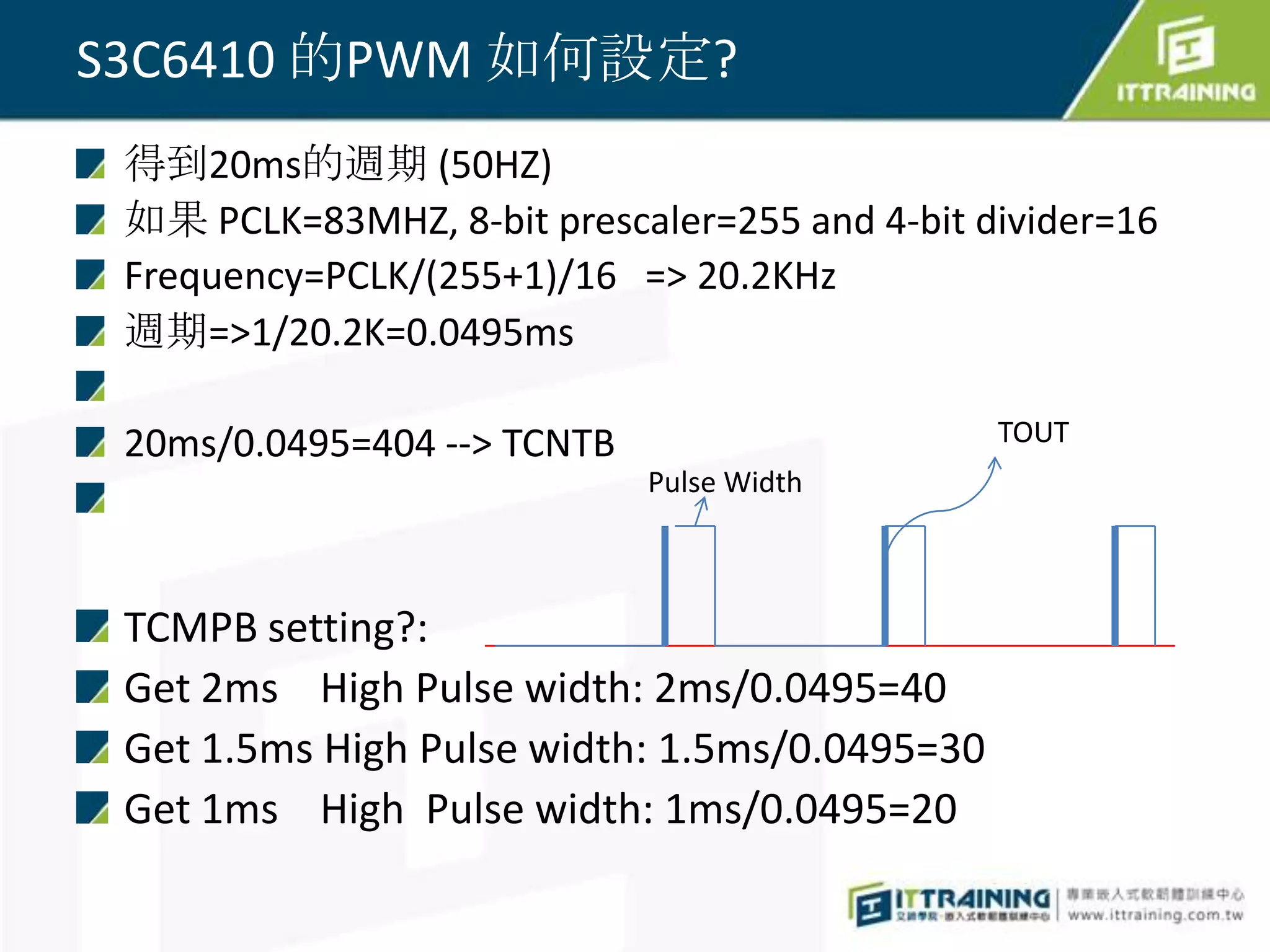 S3C6410 的PWM 如何設定?
 得到20ms的週期 (50HZ)
 如果 PCLK=83MHZ, 8-bit prescaler=255 and 4-bit divider=16
 Frequency=PCLK/(255+1)/16 => 20.2KHz
 週期=>1/20.2K=0.0495ms

 20ms/0.0495=404 --> TCNTB                     TOUT
                             Pulse Width



 TCMPB setting?:
 Get 2ms High Pulse width: 2ms/0.0495=40
 Get 1.5ms High Pulse width: 1.5ms/0.0495=30
 Get 1ms High Pulse width: 1ms/0.0495=20
 