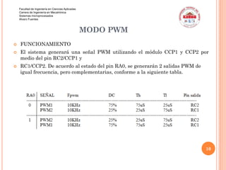 Facultad de Ingeniería en Ciencias Aplicadas
Carrera de Ingeniería en Mecatrónica
Sistemas microprocesados
Alvaro Fuentes

MODO PWM





FUNCIONAMIENTO
El sistema generará una señal PWM utilizando el módulo CCP1 y CCP2 por
medio del pin RC2/CCP1 y
RC1/CCP2. De acuerdo al estado del pin RA0, se generarán 2 salidas PWM de
igual frecuencia, pero complementarias, conforme a la siguiente tabla.

10

 