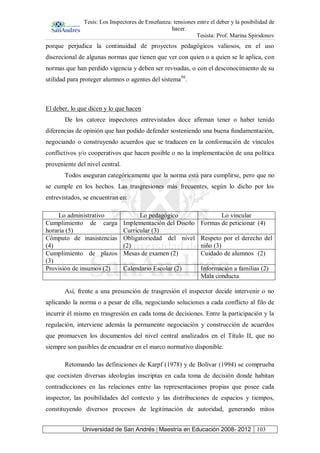 Tesis: Los Inspectores de Enseñanza: tensiones entre el deber y la posibilidad de
hacer.
Tesista: Prof. Marina Spiridonov
Universidad de San Andrés | Maestría en Educación 2008- 2012 103
porque perjudica la continuidad de proyectos pedagógicos valiosos, en el uso
discrecional de algunas normas que tienen que ver con quien o a quien se le aplica, con
normas que han perdido vigencia y deben ser revisadas, o con el desconocimiento de su
utilidad para proteger alumnos o agentes del sistema50
.
El deber, lo que dicen y lo que hacen
De los catorce inspectores entrevistados doce afirman tener o haber tenido
diferencias de opinión que han podido defender sosteniendo una buena fundamentación,
negociando o construyendo acuerdos que se traducen en la conformación de vínculos
conflictivos y/o cooperativos que hacen posible o no la implementación de una política
proveniente del nivel central.
Todos aseguran categóricamente que la norma está para cumplirse, pero que no
se cumple en los hechos. Las trasgresiones más frecuentes, según lo dicho por los
entrevistados, se encuentran en:
Lo administrativo Lo pedagógico Lo vincular
Cumplimiento de carga
horaria (5)
Implementación del Diseño
Curricular (3)
Formas de peticionar (4)
Cómputo de inasistencias
(4)
Obligatoriedad del nivel
(2)
Respeto por el derecho del
niño (3)
Cumplimiento de plazos
(3)
Mesas de examen (2) Cuidado de alumnos (2)
Provisión de insumos (2) Calendario Escolar (2) Información a familias (2)
Mala conducta
Así, frente a una presunción de trasgresión el inspector decide intervenir o no
aplicando la norma o a pesar de ella, negociando soluciones a cada conflicto al filo de
incurrir él mismo en trasgresión en cada toma de decisiones. Entre la participación y la
regulación, interviene además la permanente negociación y construcción de acuerdos
que promueven los documentos del nivel central analizados en el Título II, que no
siempre son pasibles de encuadrar en el marco normativo disponible.
Retomando las definiciones de Karpf (1978) y de Bolívar (1994) se comprueba
que coexisten diversas ideologías inscriptas en cada toma de decisión donde habitan
contradicciones en las relaciones entre las representaciones propias que posee cada
inspector, las posibilidades del contexto y las distribuciones de espacios y tiempos,
constituyendo diversos procesos de legitimación de autoridad, generando mitos
 