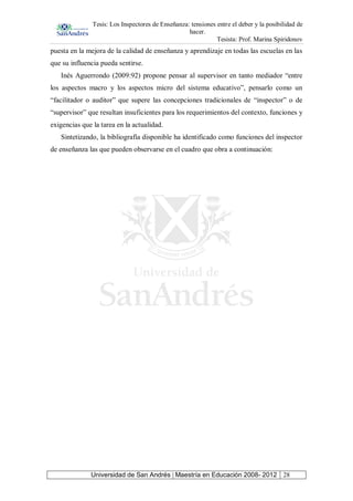 Tesis: Los Inspectores de Enseñanza: tensiones entre el deber y la posibilidad de
hacer.
Tesista: Prof. Marina Spiridonov
Universidad de San Andrés | Maestría en Educación 2008- 2012 28
puesta en la mejora de la calidad de enseñanza y aprendizaje en todas las escuelas en las
que su influencia pueda sentirse.
Inés Aguerrondo (2009:92) propone pensar al supervisor en tanto mediador “entre
los aspectos macro y los aspectos micro del sistema educativo”, pensarlo como un
“facilitador o auditor” que supere las concepciones tradicionales de “inspector” o de
“supervisor” que resultan insuficientes para los requerimientos del contexto, funciones y
exigencias que la tarea en la actualidad.
Sintetizando, la bibliografía disponible ha identificado como funciones del inspector
de enseñanza las que pueden observarse en el cuadro que obra a continuación:
 