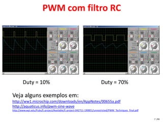 PWM com filtro RC




        Duty = 10%                                                       Duty = 70%

Veja alguns exemplos em:
http://ww1.microchip.com/downloads/en/AppNotes/00655a.pdf
http://aquaticus.info/pwm-sine-wave
http://www.wpi.edu/Pubs/E-project/Available/E-project-042711-190851/unrestricted/PWM_Techniques_final.pdf


                                                                                                            7 /99
 