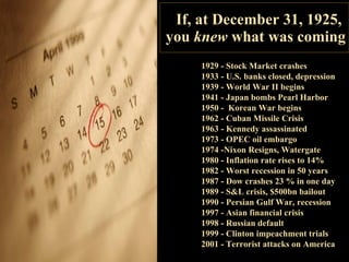 If, at December 31, 1925,  you  knew  what was coming 1929 - Stock Market crashes 1933 - U.S. banks closed, depression 1939 - World War II begins  1941 - Japan bombs Pearl Harbor  1950 -  Korean War begins  1962 - Cuban Missile Crisis 1963 - Kennedy assassinated 1973 - OPEC oil embargo 1974 -Nixon Resigns, Watergate 1980 - Inflation rate rises to 14% 1982 - Worst recession in 50 years 1987 - Dow crashes 23 % in one day 1989 - S&L crisis, $500bn bailout 1990 - Persian Gulf War, recession 1997 - Asian financial crisis 1998 - Russian default 1999 - Clinton impeachment trials  2001 - Terrorist attacks on America 
