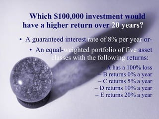 Which $100,000 investment would have a higher return over  20 years?   A guaranteed interest  rate of 8% per   year  or- An equal- weighted portfolio of   five  asset  classes with the following  returns:  A has a 100% loss B returns 0% a year C returns 5% a year D returns 10% a year E returns 20% a year 