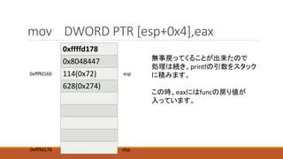 mov DWORD PTR [esp+0x4],eax
0xffffd178
0x8048447
114(0x72)
628(0x274)
0xffffd178
0xffffd160 esp
無事戻ってくることが出来たので
処理は続き、printfの引数をスタック
に積みます。
この時、eaxにはfuncの戻り値が
入っています。
ebp
 