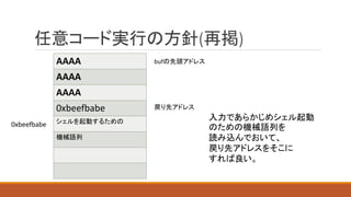 任意コード実行の方針(再掲)
AAAA
AAAA
AAAA
0xbeefbabe
シェルを起動するための
機械語列
bufの先頭アドレス
戻り先アドレス
入力であらかじめシェル起動
のための機械語列を
読み込んでおいて、
戻り先アドレスをそこに
すれば良い。
0xbeefbabe
 