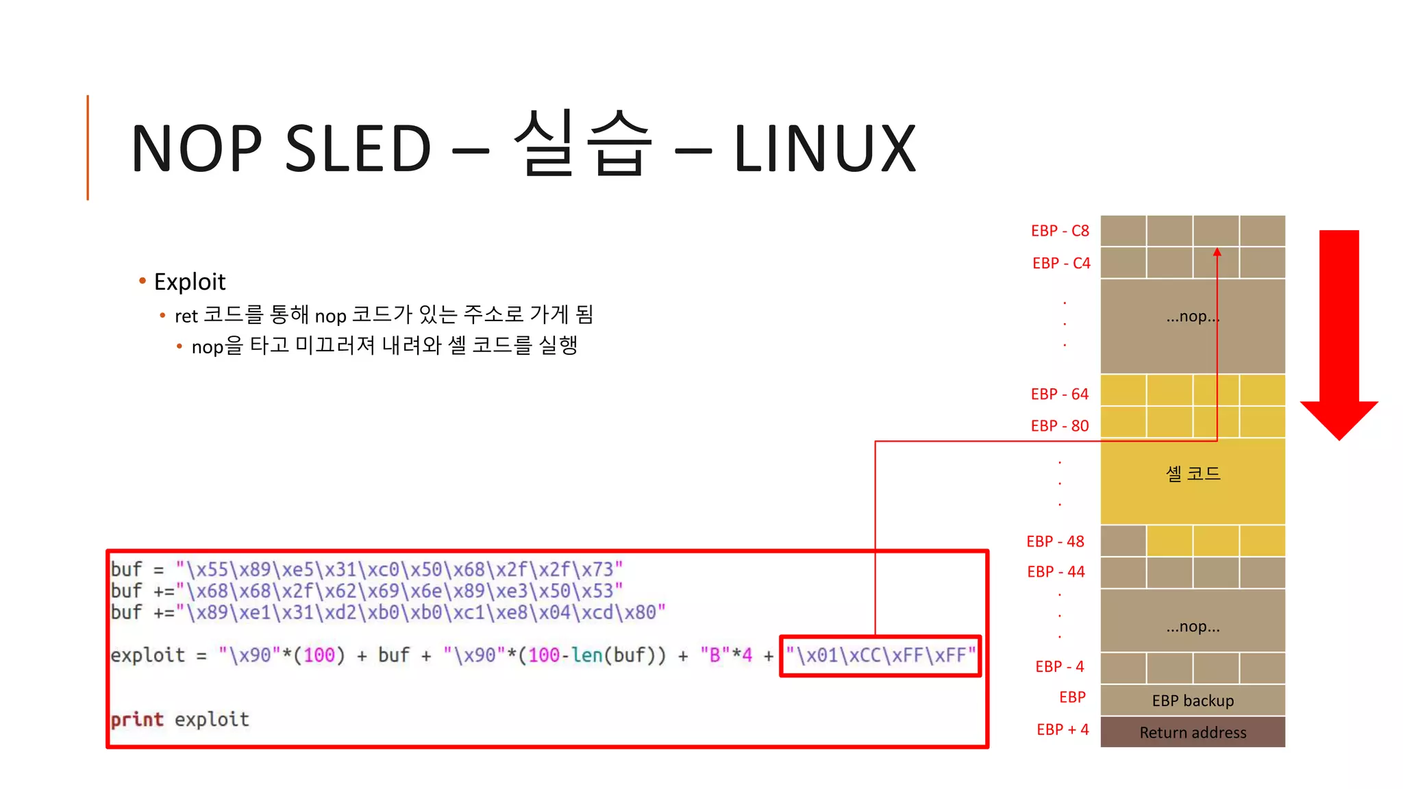 NOP SLED – 실습 – LINUX
• Exploit
• ret 코드를 통해 nop 코드가 있는 주소로 가게 됨
• nop을 타고 미끄러져 내려와 셸 코드를 실행
...nop...
셸 코드
...nop...
EBP backup
Return address
EBP
EBP - C8
EBP + 4
EBP - C4
EBP - 48
EBP - 44
EBP - 4
.
.
.
EBP - 64
EBP - 80
.
.
.
.
.
.
 
