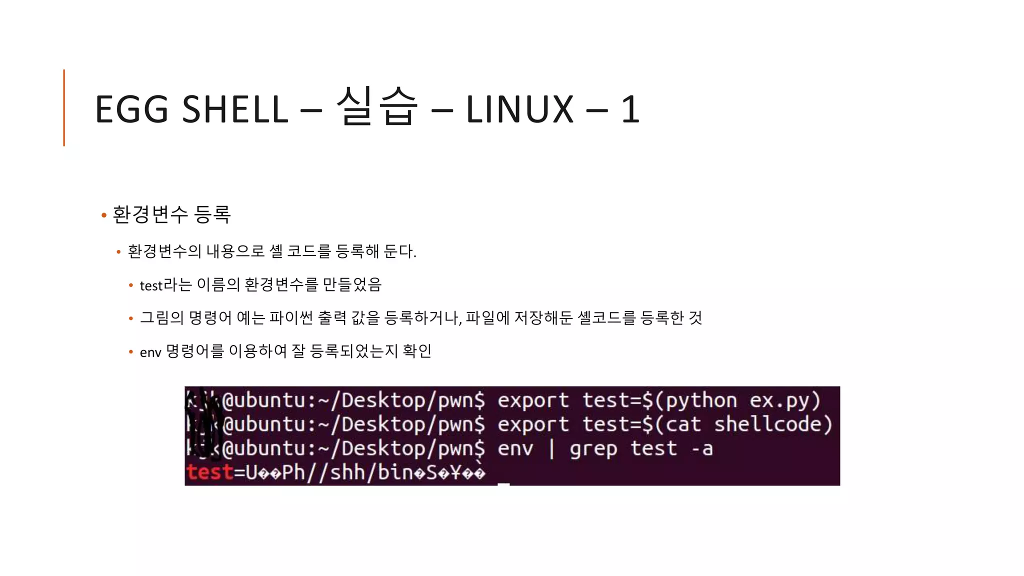 EGG SHELL – 실습 – LINUX – 1
• 환경변수 등록
• 환경변수의 내용으로 셸 코드를 등록해 둔다.
• test라는 이름의 환경변수를 만들었음
• 그림의 명령어 예는 파이썬 출력 값을 등록하거나, 파일에 저장해둔 셸코드를 등록한 것
• env 명령어를 이용하여 잘 등록되었는지 확인
 