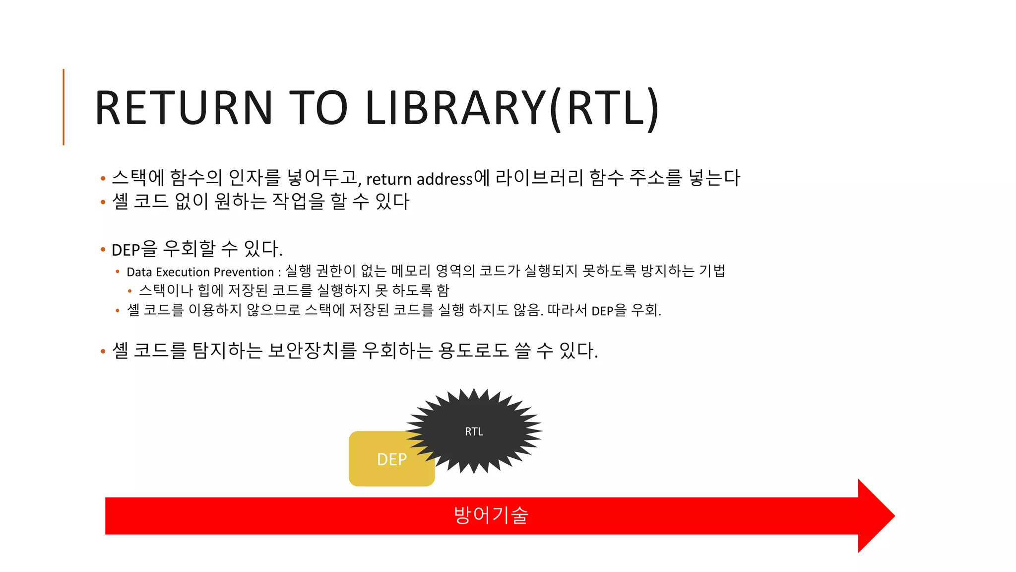 RETURN TO LIBRARY(RTL)
• 스택에 함수의 인자를 넣어두고, return address에 라이브러리 함수 주소를 넣는다
• 셸 코드 없이 원하는 작업을 할 수 있다
• DEP을 우회할 수 있다.
• Data Execution Prevention : 실행 권한이 없는 메모리 영역의 코드가 실행되지 못하도록 방지하는 기법
• 스택이나 힙에 저장된 코드를 실행하지 못 하도록 함
• 셸 코드를 이용하지 않으므로 스택에 저장된 코드를 실행 하지도 않음. 따라서 DEP을 우회.
• 셸 코드를 탐지하는 보안장치를 우회하는 용도로도 쓸 수 있다.
DEP
방어기술
RTL
 
