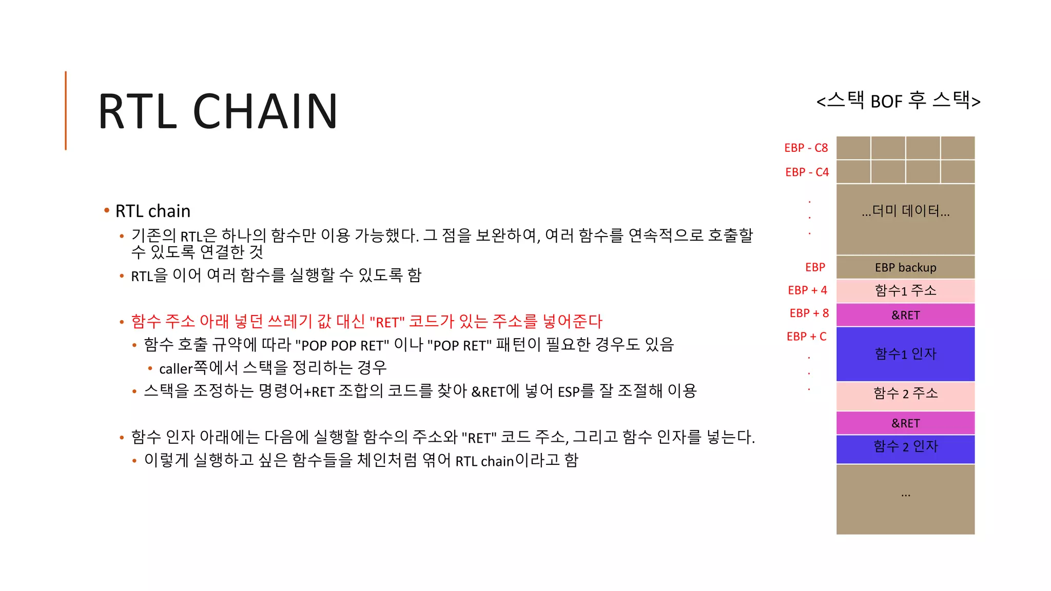 RTL CHAIN
• RTL chain
• 기존의 RTL은 하나의 함수만 이용 가능했다. 그 점을 보완하여, 여러 함수를 연속적으로 호출할
수 있도록 연결한 것
• RTL을 이어 여러 함수를 실행할 수 있도록 함
• 함수 주소 아래 넣던 쓰레기 값 대신 "RET" 코드가 있는 주소를 넣어준다
• 함수 호출 규약에 따라 "POP POP RET" 이나 "POP RET" 패턴이 필요한 경우도 있음
• caller쪽에서 스택을 정리하는 경우
• 스택을 조정하는 명령어+RET 조합의 코드를 찾아 &RET에 넣어 ESP를 잘 조절해 이용
• 함수 인자 아래에는 다음에 실행할 함수의 주소와 "RET" 코드 주소, 그리고 함수 인자를 넣는다.
• 이렇게 실행하고 싶은 함수들을 체인처럼 엮어 RTL chain이라고 함
...더미 데이터...
EBP backup
함수1 주소
&RET
함수1 인자
함수 2 주소
&RET
함수 2 인자
...
EBP
EBP - C8
EBP + 4
EBP - C4
.
.
.
.
.
.
EBP + 8
EBP + C
<스택 BOF 후 스택>
 