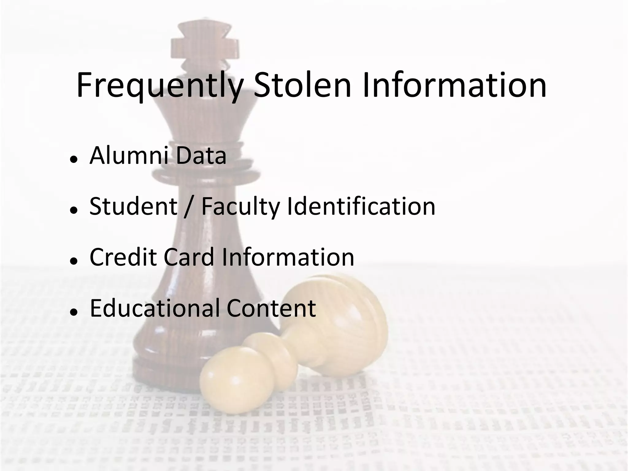 Frequently Stolen Information
   Alumni Data
   Student / Faculty Identification
   Credit Card Information
   Educational Content
 