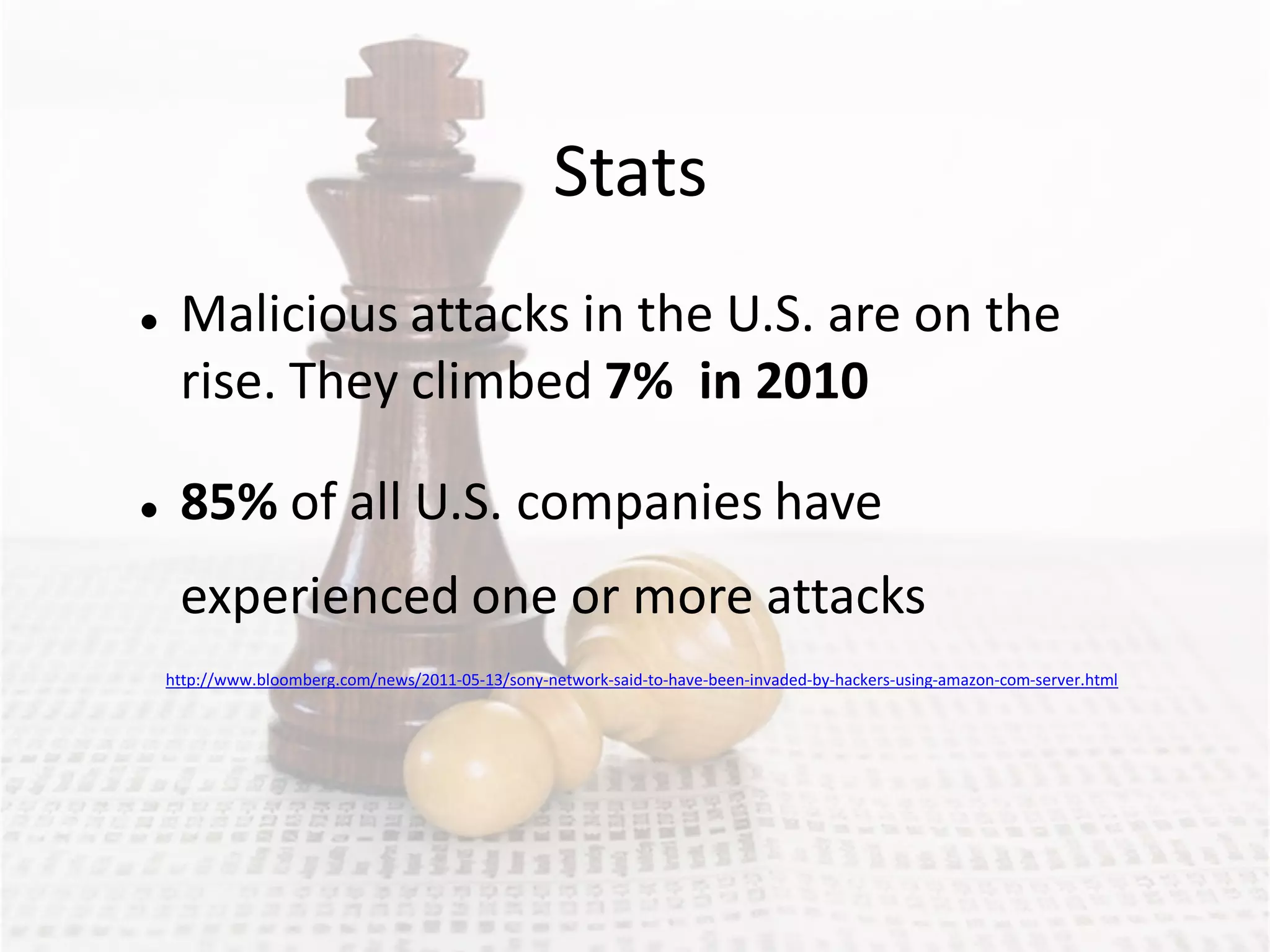 Stats
    Malicious attacks in the U.S. are on the
     rise. They climbed 7% in 2010

    85% of all U.S. companies have
     experienced one or more attacks
    http://www.bloomberg.com/news/2011-05-13/sony-network-said-to-have-been-invaded-by-hackers-using-amazon-com-server.html
 