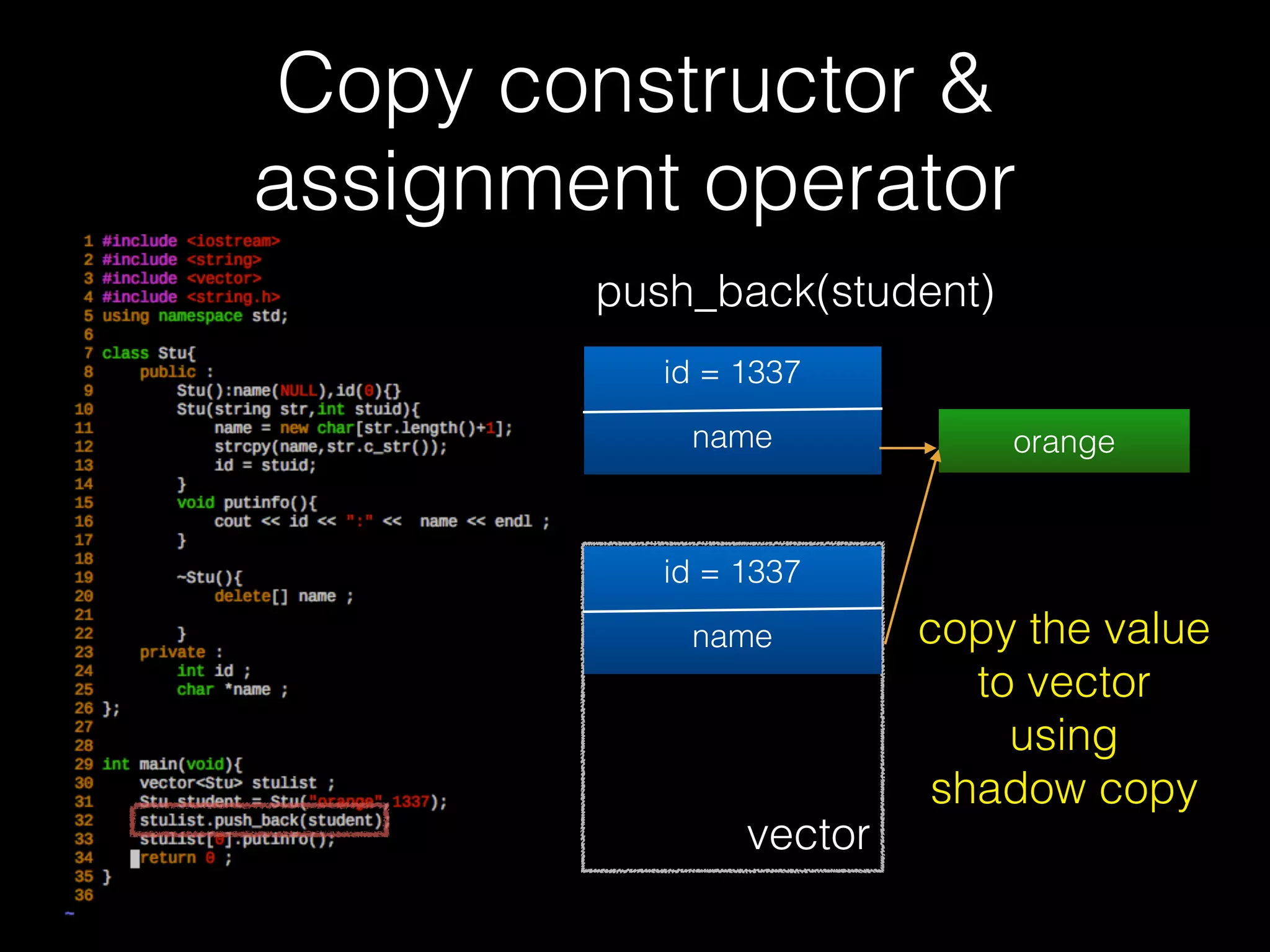 Copy constructor &
assignment operator
• shallow copy
• 只做單純 pointer (value) 的複製，複製完後內
容與原本的相同
• deep copy
• 會在配置更更多記憶體空間，包含 pointer 所指向
的內容也都⼀一併複製
63
 