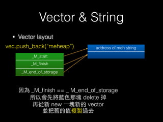 Outline
• Name Mangling
• Virtual function table
• Vector & String
• New & delete
• Copy constructor & assignment operator
27
 