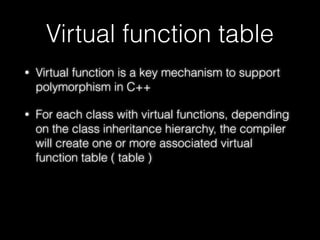 Outline
• Name Mangling
• Virtual function table
• Vtable Hijacking
• Vector & String
• New & delete
• Copy constructor & ...