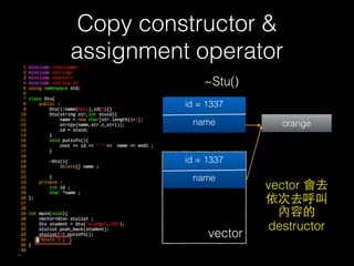 Copy constructor &
assignment operator
• deep copy
67
name
orange
name
StuA
StuB orange
 