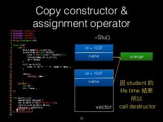 Copy constructor &
assignment operator
75
~Stu()
id = 1337
name orange
vector
id = 1337
name 因 student 的
life time 結束
所以
call destructor
 
