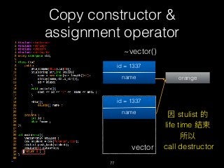 Copy constructor &
assignment operator
77
~vector()
id = 1337
name orange
vector
id = 1337
name 因 stulist 的
life time 結束
所以
call destructor
 