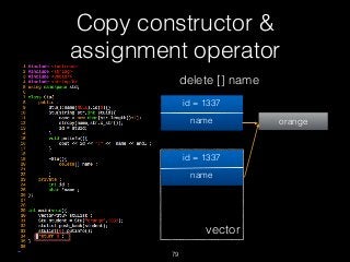 Copy constructor &
assignment operator
79
delete [] name
id = 1337
name orange
vector
id = 1337
name
 