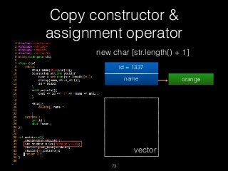 Copy constructor &
assignment operator
73
new char [str.length() + 1]
id = 1337
name orange
vector
 