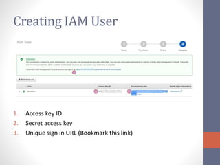 Creating IAM User
1. Access key ID
2. Secret access key
3. Unique sign in URL (Bookmark this link)
 