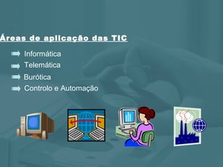 Áreas de aplicação das TIC
Informática
Burótica
Telemática
Controlo e Automação
 