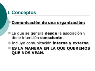 I.  Conceptos Comunicación de una organización: La que se genera  desde  la asociación y tiene intención  consciente .  Incluye comunicación  interna y externa . ES LA MANERA EN LA QUE QUEREMOS QUE NOS VEAN. 