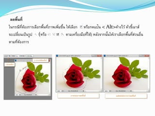 ลดพื้นที่
ในกรณีที่ต้องการเลือกพื้นที่ภาพเพิ่มขึ้น ให้เลือก หรือกดแป้น < Alt>ค้างไว้ ตัวชี้เมาส์
จะเปลี่ยนเป็นรูป (หรือ ตามเครื่องมือที่ใช้) หลังจากนั้นให้เราเลือกพื้นที่ส่วนอื่น
ตามที่ต้องการ
 
