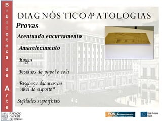 DIAGNÓSTICO/PATOLOGIAS Provas Acentuado encurvamento Amarelecimento Fungos Resíduos de papel e cola Rasgões e lacunas ao nível do suporte * Sujidades superficiais   
