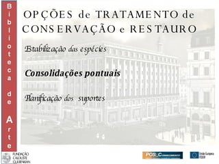 OPÇÕES de TRATAMENTO de CONSERVAÇÃO e RESTAURO Estabilização  das  espécies Consolidações pontuais Planificação  dos   suportes 