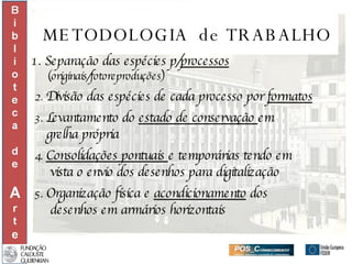 METODOLOGIA  de TRABALHO 1. Separação das espécies p/ processos (originais/fotoreproduções) 2.  Divisão das espécies de cada processo por  formatos 3.  Levantamento do  estado de conservação  em  grelha própria 4.  Consolidações pontuais  e temporárias tendo em vista o envio dos desenhos para digitalização 5.  Organização física e  acondicionamento  dos  desenhos em armários horizontais 