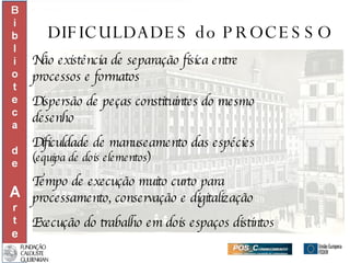 DIFICULDADES do PROCESSO Não existência de separação física entre  processos e formatos Dispersão de peças constituintes do mesmo desenho Dificuldade de manuseamento das espécies (equipa de dois elementos) Tempo de execução muito curto para  processamento, conservação e digitalização Execução do trabalho em dois espaços distintos 