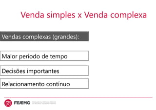 Venda simples x Venda complexa
Maior período de tempo
Relacionamento contínuo
Decisões importantes
Vendas complexas (grandes):
 