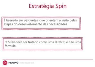 É baseada em perguntas, que orientam a visita pelas
etapas do desenvolvimento das necessidades
Estratégia Spin
O SPIN deve ser tratado como uma diretriz, e não uma
fórmula.
 
