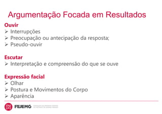 Argumentação Focada em Resultados
Ouvir
 Interrupções
 Preocupação ou antecipação da resposta;
 Pseudo-ouvir
Escutar
 Interpretação e compreensão do que se ouve
Expressão facial
 Olhar
 Postura e Movimentos do Corpo
 Aparência
 