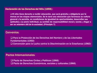Declaración de los Derechos del Niño (1959) :

     El niño tiene derecho a recibir educación, que será gratuita y obligatoria por lo
    menos en las etapas elementales. Se le dará una educación que favorezca su cultura
    general y le permita, en condiciones de igualdad de oportunidades, desarrollar sus
    aptitudes y su juicio individual, su sentido de responsabilidad moral y social, y llegar a
    ser un miembro útil de la sociedad. (Principio 7)


Convenios:
     Para la Protección de los Derechos del Hombre y de las Libertades
    Fundamentales (1950)
     Convención para la Lucha contra la Discriminación en la Enseñanza (1960)



Pactos Internacionales:
      Pacto de Derechos Civiles y Políticos (1966)
      Pacto de Derechos Económicos, sociales y culturales (1966)
 