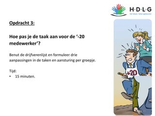 Opdracht 3:
Hoe pas je de taak aan voor de ‘-20
medewerker’?
Benut de drijfverenlijst en formuleer drie
aanpassingen in de taken en aansturing per groepje.
Tijd:
• 15 minuten.
10
 