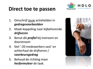 Direct toe te passen
1. Omschrijf jouw actiehelden in
gedragsvoorbeelden
2. Maak koppeling naar bijbehorende
drijfveren
3. Benut dit profiel bij instroom en
doorstroom
4. Stel ‘-20 medewerkers vast’ en
achterhaal de drijfveren /
voorkeursgedrag
5. Behoud de richting maar
herformuleer de taak.
11
 