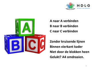 3
A naar A verbinden
B naar B verbinden
C naar C verbinden
Zonder kruisende lijnen
Binnen vierkant kader
Niet door de blokken heen
Gelukt? A4 omdraaien.
 