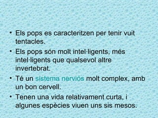 • Els pops es caracteritzen per tenir vuit
  tentacles.
• Els pops són molt intel·ligents, més
  intel·ligents que qualsevol altre
  invertebrat.
• Té un sistema nerviós molt complex, amb
  un bon cervell.
• Tenen una vida relativament curta, i
  algunes espècies viuen uns sis mesos.
 