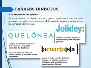 CANALES DIRECTOS
Touroperadores propios
Barceló Hotels & Resort es un grupo totalmente verticalizado
presente en todos los eslabones del canal de ventas gracias a sus
tres grupos mayoristas.

 