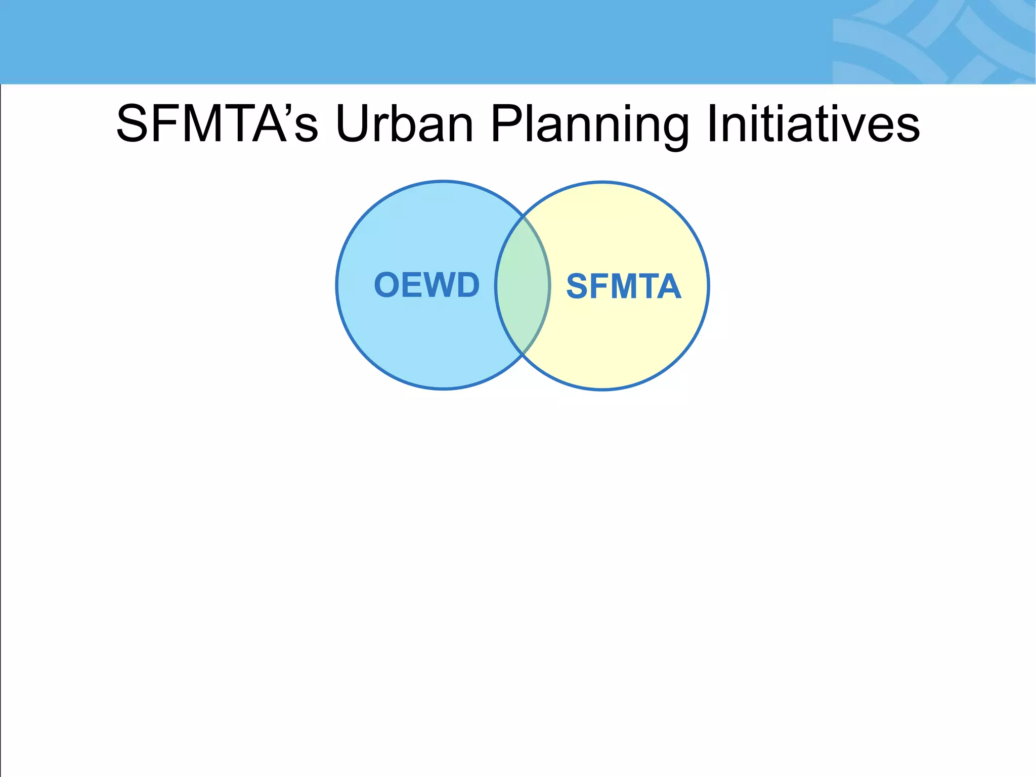 SFMTA’s Urban Planning Initiatives 
OEWD 
SFMTA  