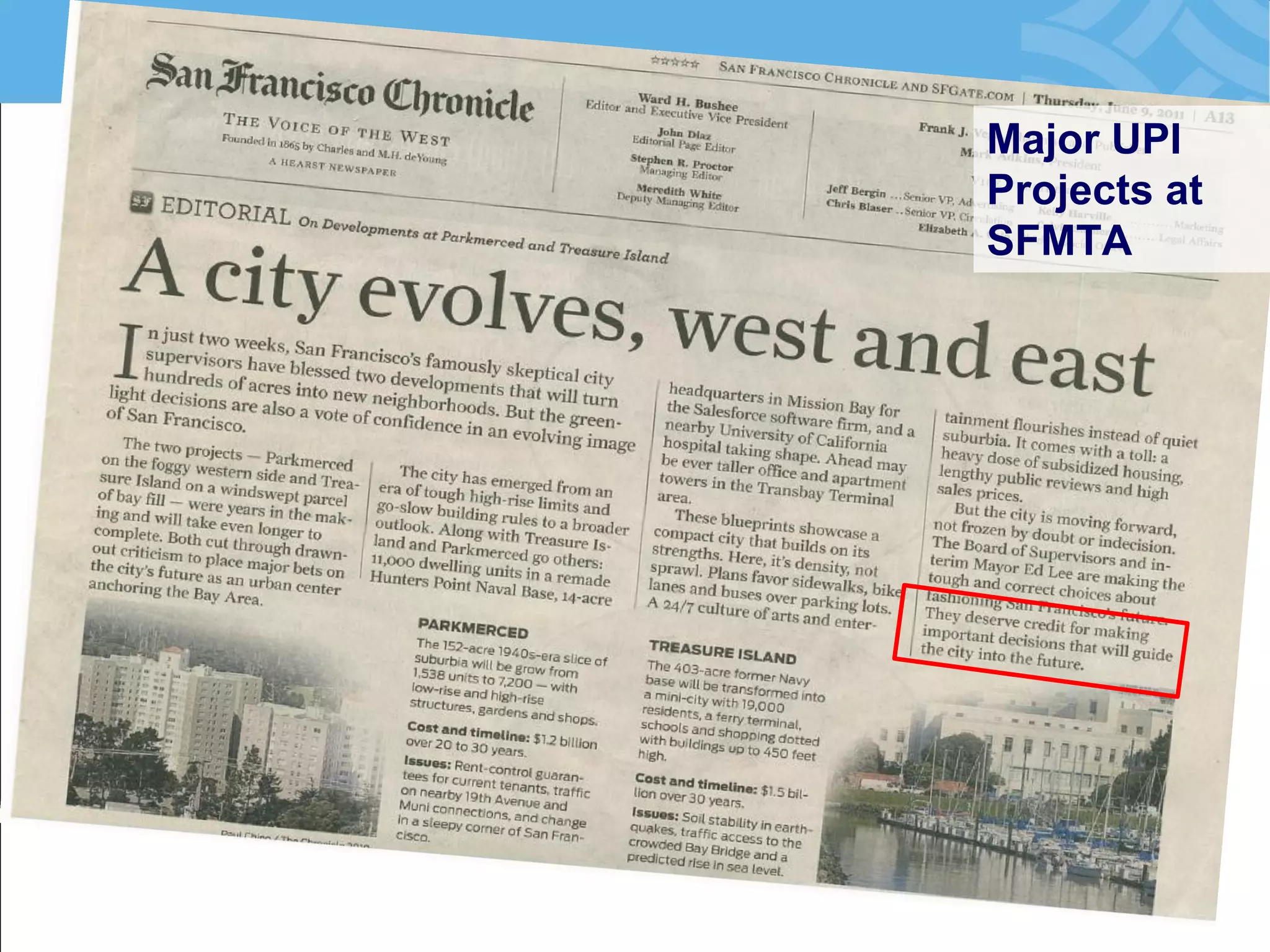 Major UPI Projects at SFMTA  