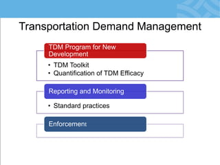 Transportation Demand Management 
•TDM Toolkit 
•Quantification of TDM Efficacy 
TDM Program for New Development 
•Standard practices 
Reporting and Monitoring 
Enforcement  