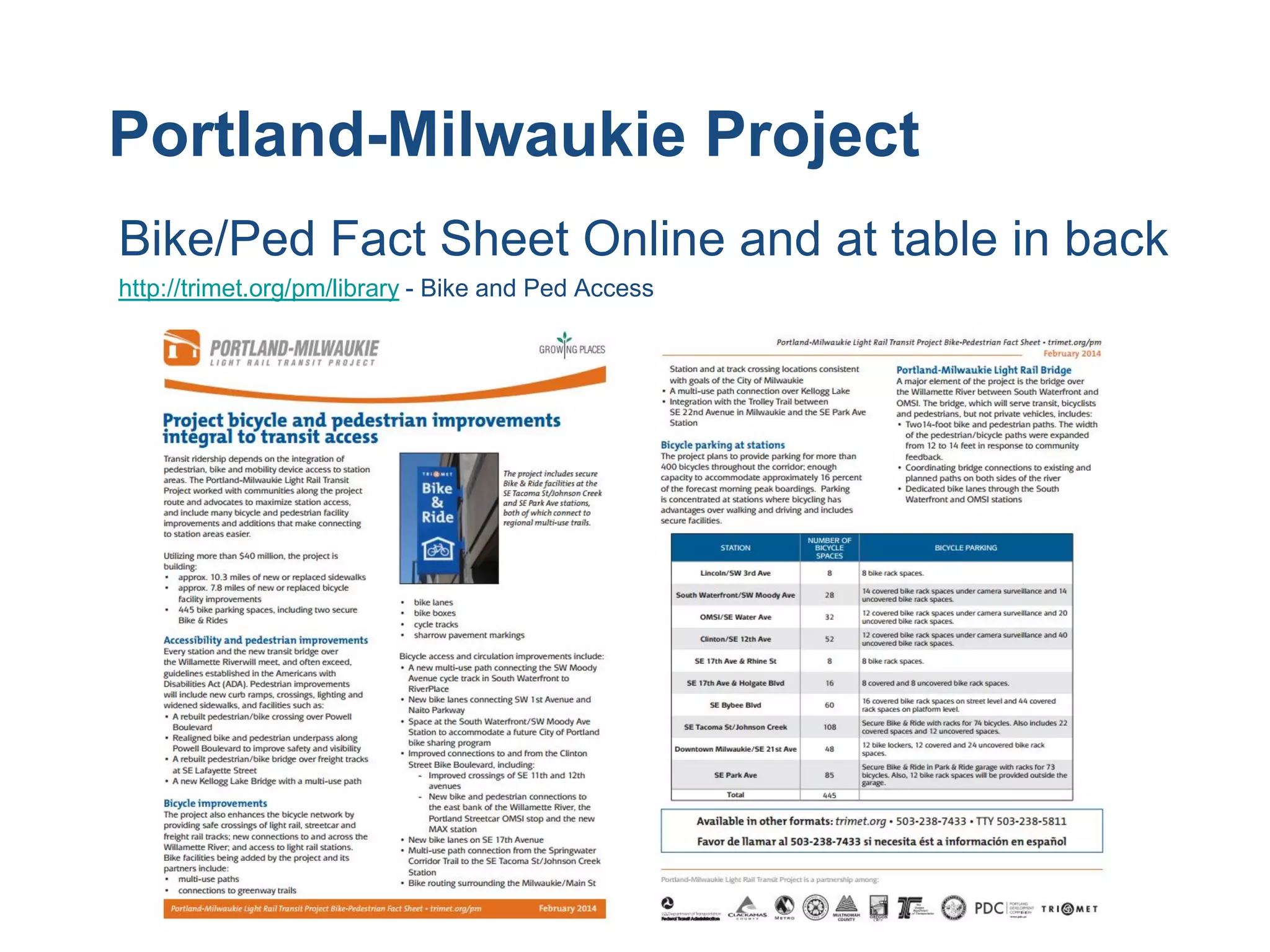 Portland-Milwaukie Project 
Bike/Ped Fact Sheet Online and at table in back http://trimet.org/pm/library - Bike and Ped Access  