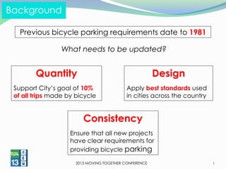 2013 MOVING TOGETHER CONFERENCE 
1 
Background 
Previous bicycle parking requirements date to 1981 
What needs to be updated? 
Quantity 
Support City’s goal of 10% of all trips made by bicycle 
Design Apply best standards used in cities across the country 
Consistency 
Ensure that all new projects have clear requirements for providing bicycle parking  