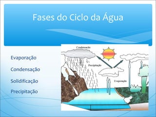 Evaporação
Fases do Ciclo da Água
Condensação
Solidificação
Precipitação
 