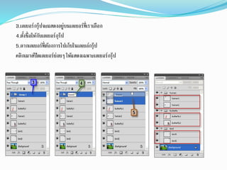 3.เลเยอร์กรุ๊ปจะแสดงอยู่บนเลเยอร์ที่เราเลือก
4.ตั้งชื่อให้กับเลเยอร์กุร๊ป
5.ลากเลเยอร์ที่ต้องการไปเก็บในเลเยอ์กรุ๊ป
คลิกเมาส์ปิดเลเยอร์ย่อยๆ ให้แสดงเฉพาะเลเยอร์กรุ๊ป
 